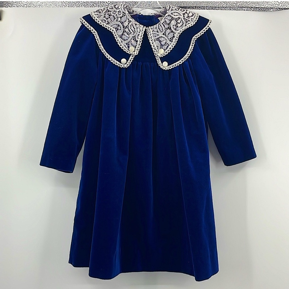 Vintage 70’s Rare Editions blue double collar velvet lace dress Size 5